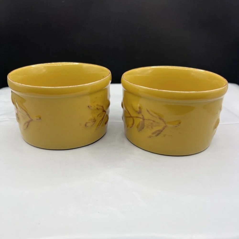 Pair 2 Cerutil Stoneware Mustard Yellow Ramekin Set Portugal Raised Olive Motif